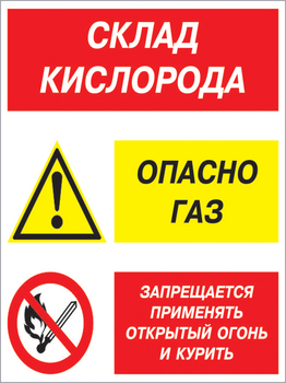 Кз 14 Склад кислорода. опасно газ - запрещается применять открытый огонь и курить. (пленка, 400х600 мм) - Знаки безопасности - Комбинированные знаки безопасности - Магазин охраны труда ИЗО Стиль